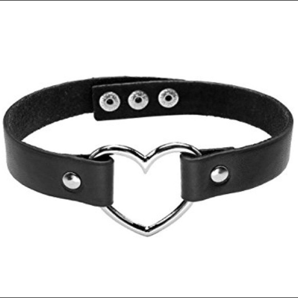 Goth Chrome Heart Choker / Wrapped Layer Bracelet w Black Adjustable Strap NIBag - Picture 2 of 14